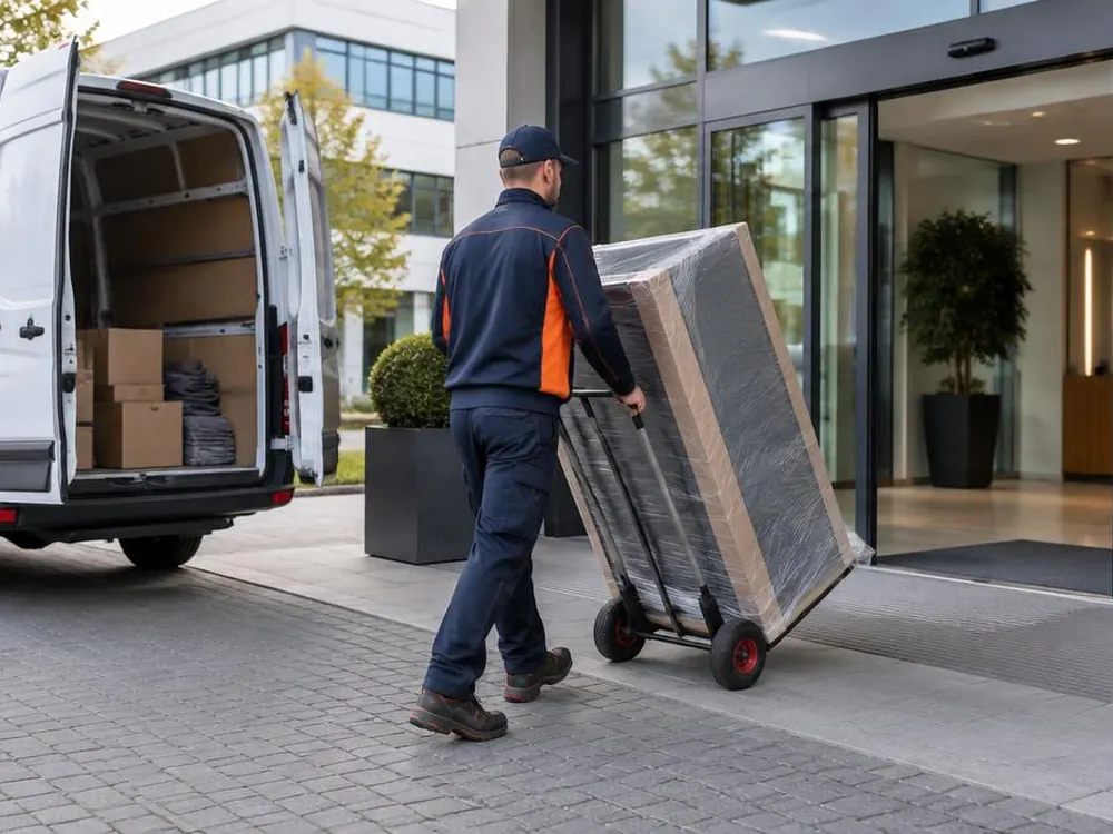 Chauffeur bezorgt een groot pakket met steekwagen